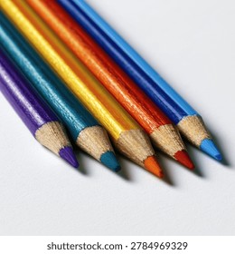 A vibrant array of colored pencils arranged in a rainbow spectrum, showcasing their sharpened tips and wooden texture.