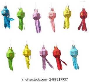 Vibrant array of colorful lanterns suspended against a plain white background. 