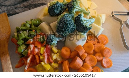 A vibrant array of fresh, chopped vegetables including broccoli, bell peppers, carrots, and potatoes on a cutting board, ready for cooking.