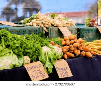 A vibrant array of fresh vegetables on display at a local farmer's market stall