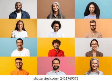 A vibrant array of individual portraits against colorful backgrounds, each person sporting a friendly, inviting smile, ideal for campaigns that value diversity and aim to connect with a wide audience - Powered by Shutterstock