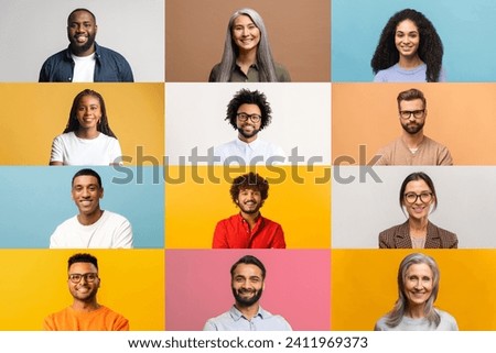 A vibrant array of individual portraits against colorful backgrounds, each person sporting a friendly, inviting smile, ideal for campaigns that value diversity and aim to connect with a wide audience