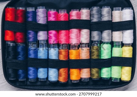 A Vibrant Array of Thread Spools Organized Neatly in a Compact Storage Case for Easy Access and Creative Sewing Projects