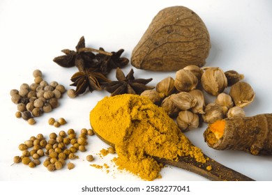 A vibrant assortment of aromatic spices, including turmeric, nutmeg, and anise, showcasing their textures and natural hues. Ideal for culinary themes, ingredient displays, and food culture