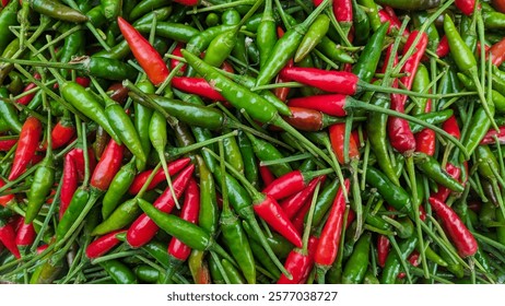 A vibrant assortment of bird's eye chillies in green and red. The slender, glossy chillies are densely packed, highlighting their rich colors.