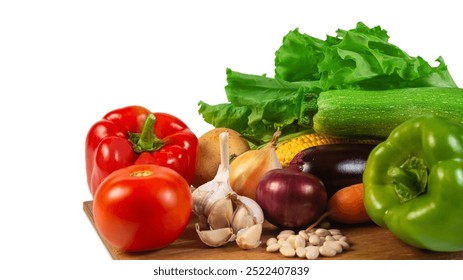 A vibrant assortment of fresh organic vegetables, including lettuce, tomato, pepper, garlic, and zucchini, displayed on a wooden cutting board, symbolizing healthy eating and natural produce. - Powered by Shutterstock