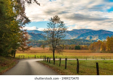 vibrant autumn landscape taken in Cades Cove valley in the Great Smoky Mountain national Park in Tennessee.	