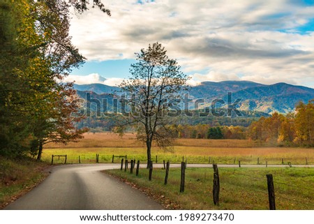 vibrant autumn landscape taken in Cades Cove valley in the Great Smoky Mountain national Park in Tennessee.	