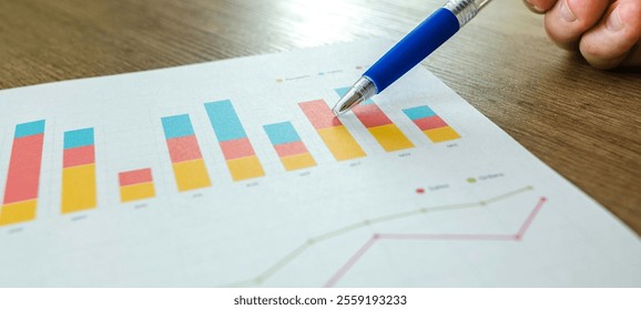 A vibrant bar chart and line graph on a report show data trends and analysis. A blue pen points to a bar, highlighting key insights. Perfect for business performance, financial, or project evaluations