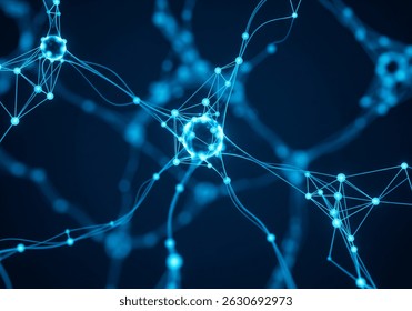 Vibrant blue abstract network of glowing dots and lines, representing complex connections and data flow, set against a dark background, ideal for technology and science concepts.