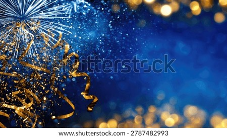 A vibrant blue background with exploding fireworks, golden confetti, and bokeh lights, perfect for festive occasions.
