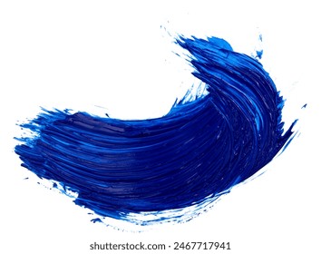 Vibrant blue brush stroke of acrylic paint isolated on a pure white background