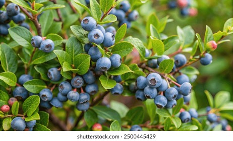 A vibrant blue huckleberry bush displaying clusters of ripening blueberries in a well-tended garden