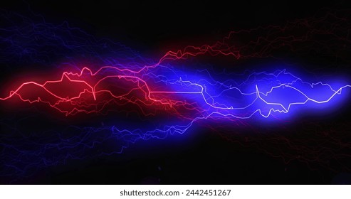 Vibrant blue and red lightning bolts electrify the darkness. This image symbolizes energy, power, or high-tech concepts. - Powered by Shutterstock