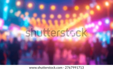 Vibrant bokeh string lights above blurred crowd at a night street festival