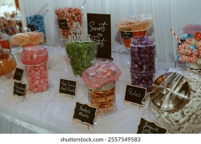 A vibrant candy buffet with labeled jars filled with colorful treats like mints, hard candy, and chocolates. Perfect for weddings or events, with elegant signs and a festive setup.