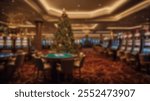 A vibrant casino decorated with a tall Christmas tree, golden lighting, and slot machines, creating a lively and festive holiday atmosphere.