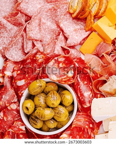 A vibrant charcuterie board is presented with an array of cured meats, artisan cheeses, and marinated olives, all artfully arranged for a delightful gathering at sunset.