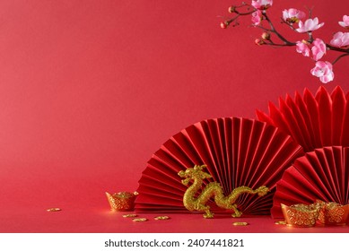Vibrant Chinese New Year composition: side view feng shui adornments, gold coins, dragon motif, cherry blossoms, fans—set against a red background, inviting text or advertising placement - Powered by Shutterstock