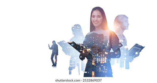 A vibrant cityscape overlay on business professionals, showcasing teamwork, on a white background - Powered by Shutterstock