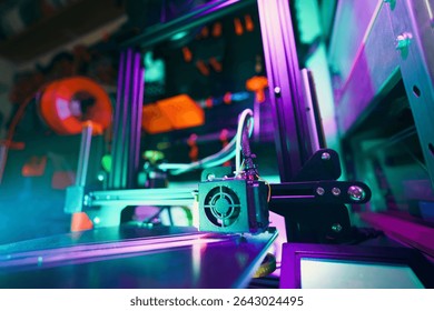 vibrant close-up 3D printer operating home workshop, advanced technology creative workspace. highlights details of the machine, illuminated by colorful lighting, emphasizes the DIY