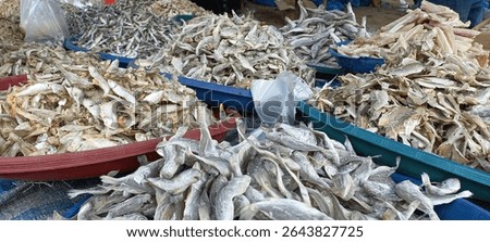 A vibrant close-up of assorted dried fish (ikan asin) sold in a traditional market, showcasing the textures and variety of local preserved seafood.