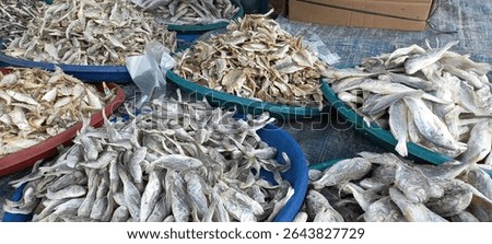 A vibrant close-up of assorted dried fish (ikan asin) sold in a traditional market, showcasing the textures and variety of local preserved seafood.