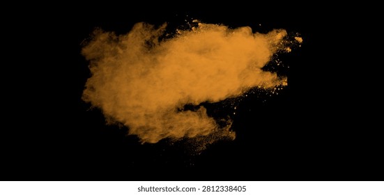 A vibrant cloud of orange powder exploding against a solid black background, creating a dynamic artistic effect.