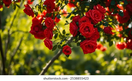 A vibrant cluster of red roses blooms on a tree branch in a sunlit garden. The rich red petals contrast beautifully with the green background, creating a serene, romantic scene that celebrates nature’ - Powered by Shutterstock