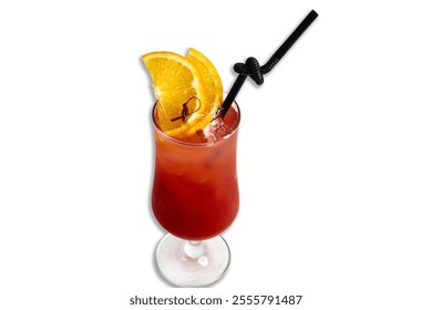 A vibrant cocktail with layers of red and orange, garnished with fresh orange slices and served in a stylish tall glass. - Powered by Shutterstock