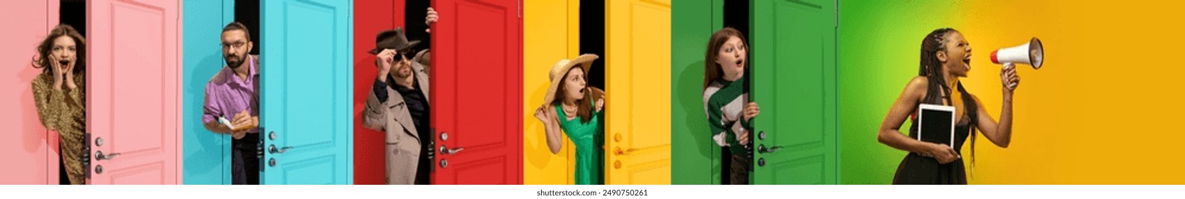 Vibrant collage with different young emotional people peeking out colorful doors with excitement. Big sales season announcement. Concept of shopping, mid-season sales, Black Friday, Cyber Monday - Powered by Shutterstock