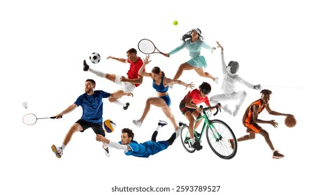 Vibrant collage. Dynamic athletes from multiple sports execute powerful moves in sequential display against white background. Concept of sport games, competition, action, motion, precision.