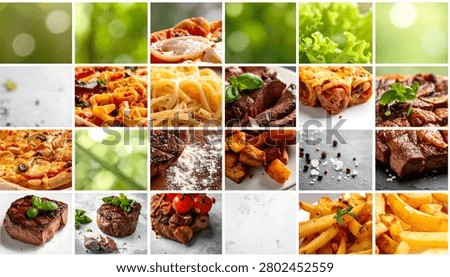 A vibrant collage featuring a diverse array of appetizing food items, from gourmet steaks and pizzas to pasta and fresh vegetables, highlighting culinary artistry.