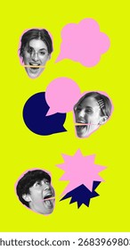 Vibrant collage. Three expressive faces in black and white with pink and dark speech bubbles on neon yellow background. Concept of creative communication, education, and emotional expression.