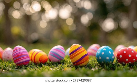 A vibrant collection of decorated Easter eggs rests on lush green grass, with a soft, blurred background of trees and sunlight.