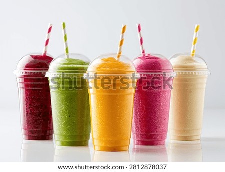 A vibrant collection of five different fruit smoothies in clear plastic cups, each with a straw, arranged in a row against a light background.