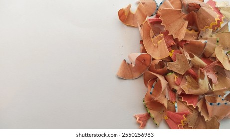 A vibrant collection of pencil shavings arranged on a clean white background, showcasing creativity and artistic expression. - Powered by Shutterstock