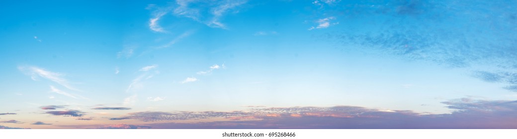 Vibrant Color Panoramic Sky With Cloud On Morning. Beautiful Cirrus Cloud. Panorama High Resolution Photograph.