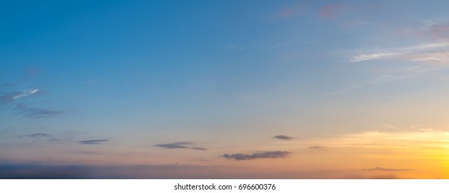 Vibrant Color Panoramic Sun Rise And Sun Set Sky With Cloud On A Cloudy Day. Beautiful Cirrus Cloud. Panorama High Resolution Photograph.