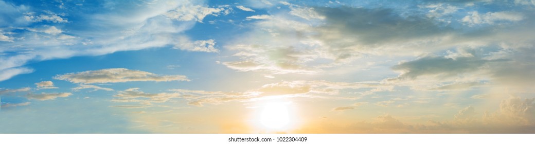Vibrant Color Of Sun Set Sky With Cloud, Panoramic Image.