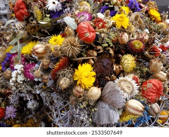 A vibrant and colorful arrangement of dried flowers showcasing various textures and hues - Powered by Shutterstock