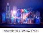 A vibrant, colorful orb floats above a futuristic city skyline. Glowing lights illuminate the scene, suggesting a dynamic and technologically advanced urban environment.