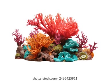 A vibrant coral reef with a variety of colorful corals and small fish isolated