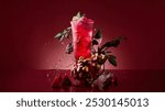 Vibrant, crimson-hued drink with citrus slices, adorned with herbs, surrounded by splash and exotic fruits, set against a deep red backdrop.