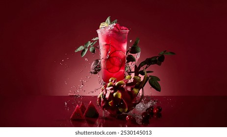 Vibrant, crimson-hued drink with citrus slices, adorned with herbs, surrounded by splash and exotic fruits, set against a deep red backdrop. - Powered by Shutterstock