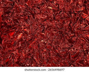 Vibrant crumpled red foil with sharp highlights and deep shadows, creating a bold abstract texture perfect for festive backgrounds, luxury packaging, or dramatic design concepts.