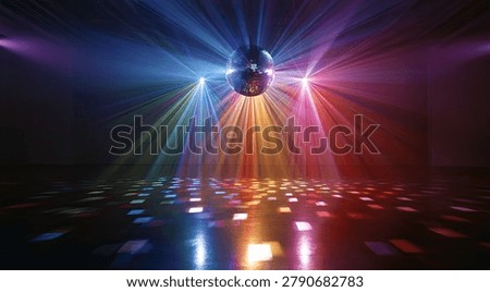 A vibrant disco ball hangs from the ceiling, casting colorful light beams onto a reflective dance floor, creating a festive party atmosphere.