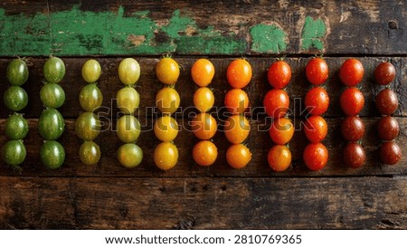 A vibrant display of cherry tomatoes showcasing a spectrum of colors from green to deep red, artfully arranged on weathered wood.