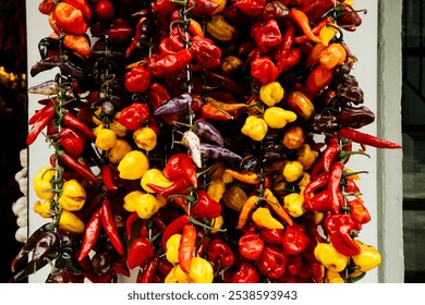 Vibrant Display of Colorful Hanging Peppers Creating an Eye-Catching Organic Arrangement - Powered by Shutterstock