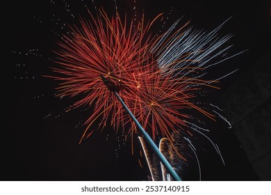 A vibrant display of fireworks exploding against the dark night sky
